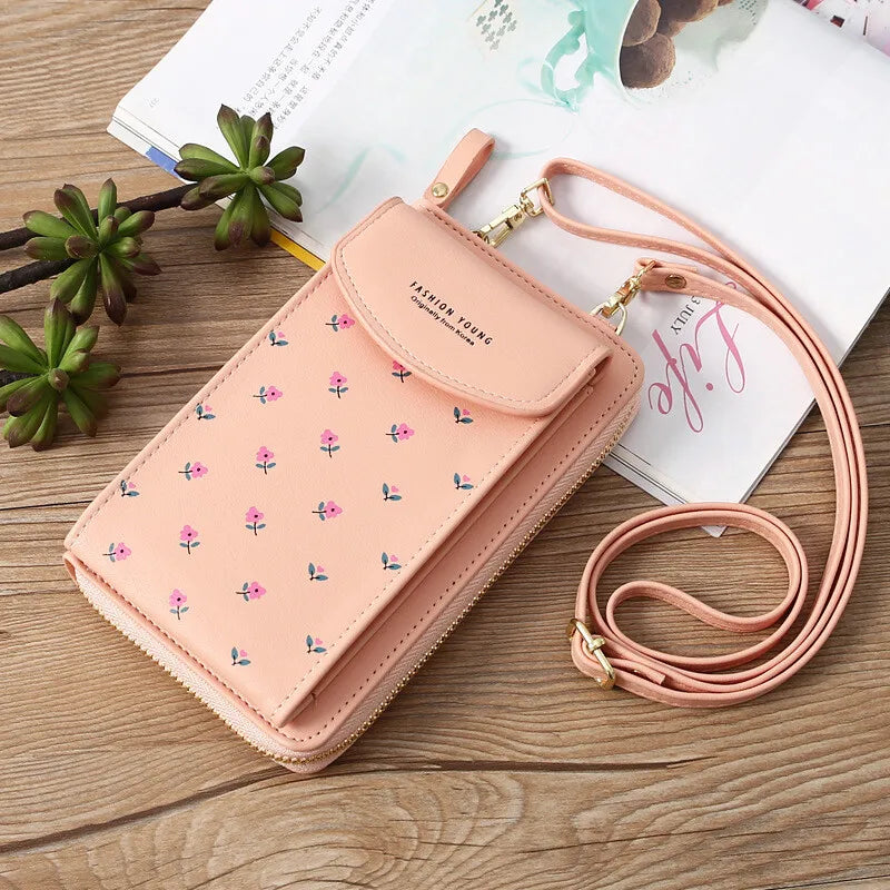 Women Wallet PU Leather Shoulder Bag Flower Print Shoulder Straps Mobile Phone Big Card Holders Wallet Handbag Pockets Girls
