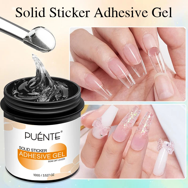 PUENTE 100g Solid Nail Glue Gel With Cuticle Pusher Non-Stick Hand Nail Tips Hard Gel Glue 3D Sculpture Soak Off UV Nail Art Gel