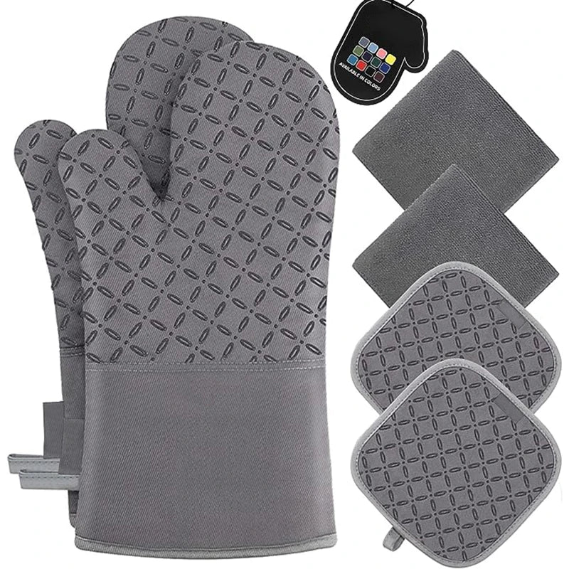 6pcs Set Oven Mitts And Pot Holders, Kitchen Oven Glove High Heat Resistant 500 Degree Extra Long Oven Mitts And Potholder With