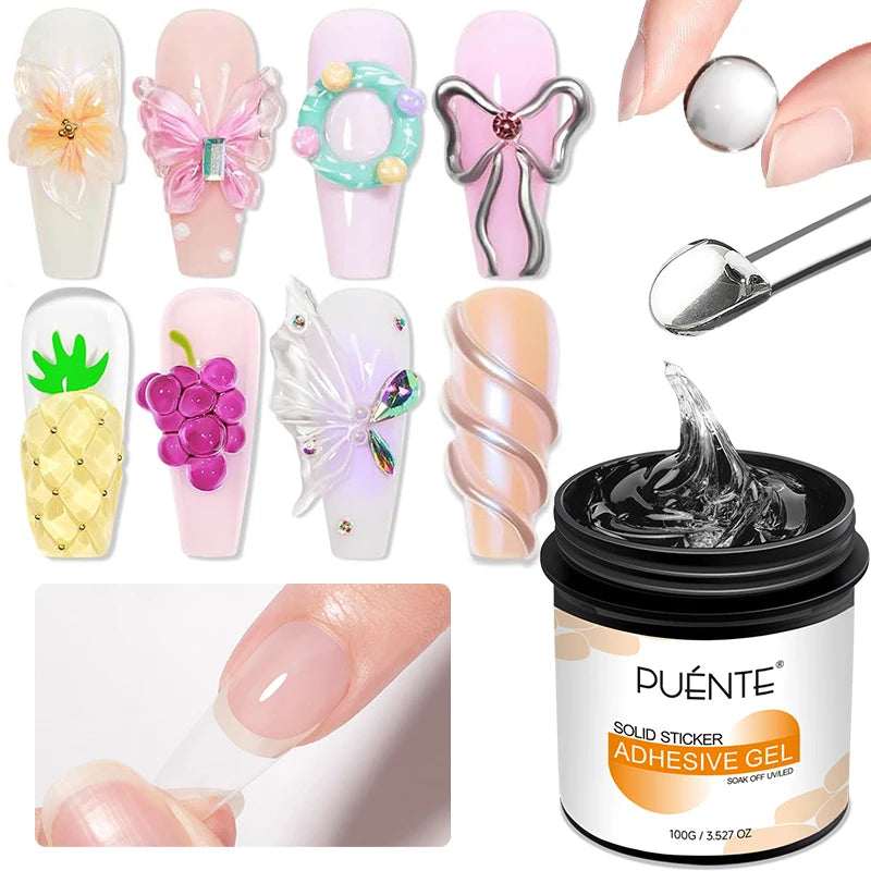 PUENTE 100g Solid Nail Glue Gel With Cuticle Pusher Non-Stick Hand Nail Tips Hard Gel Glue 3D Sculpture Soak Off UV Nail Art Gel
