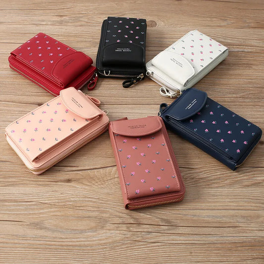 Women Wallet PU Leather Shoulder Bag Flower Print Shoulder Straps Mobile Phone Big Card Holders Wallet Handbag Pockets Girls