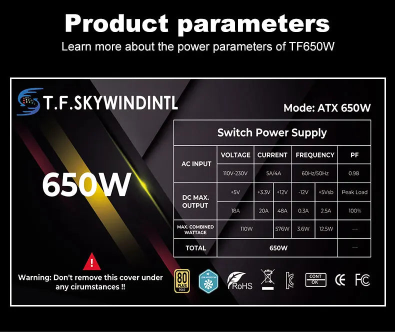 T.F.SKYWINDINTL 650W Gold Gaming Power Supply 20+4Pin 12V PSU For Computer ATX Desktop