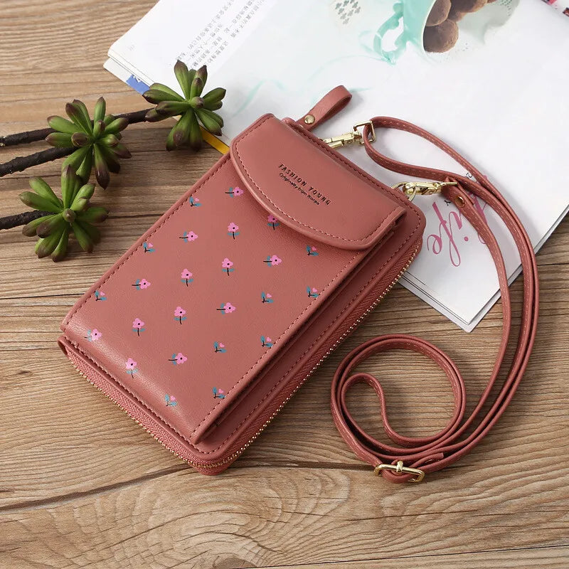 Women Wallet PU Leather Shoulder Bag Flower Print Shoulder Straps Mobile Phone Big Card Holders Wallet Handbag Pockets Girls