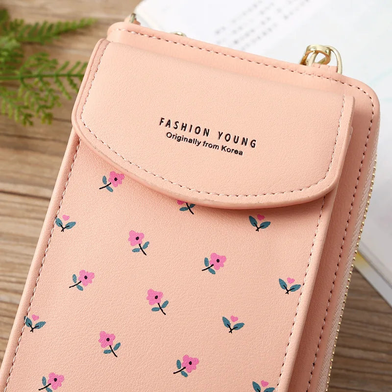 Women Wallet PU Leather Shoulder Bag Flower Print Shoulder Straps Mobile Phone Big Card Holders Wallet Handbag Pockets Girls