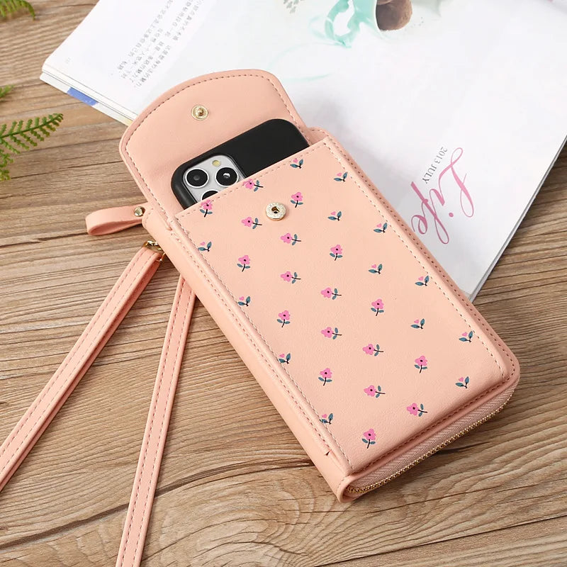 Women Wallet PU Leather Shoulder Bag Flower Print Shoulder Straps Mobile Phone Big Card Holders Wallet Handbag Pockets Girls