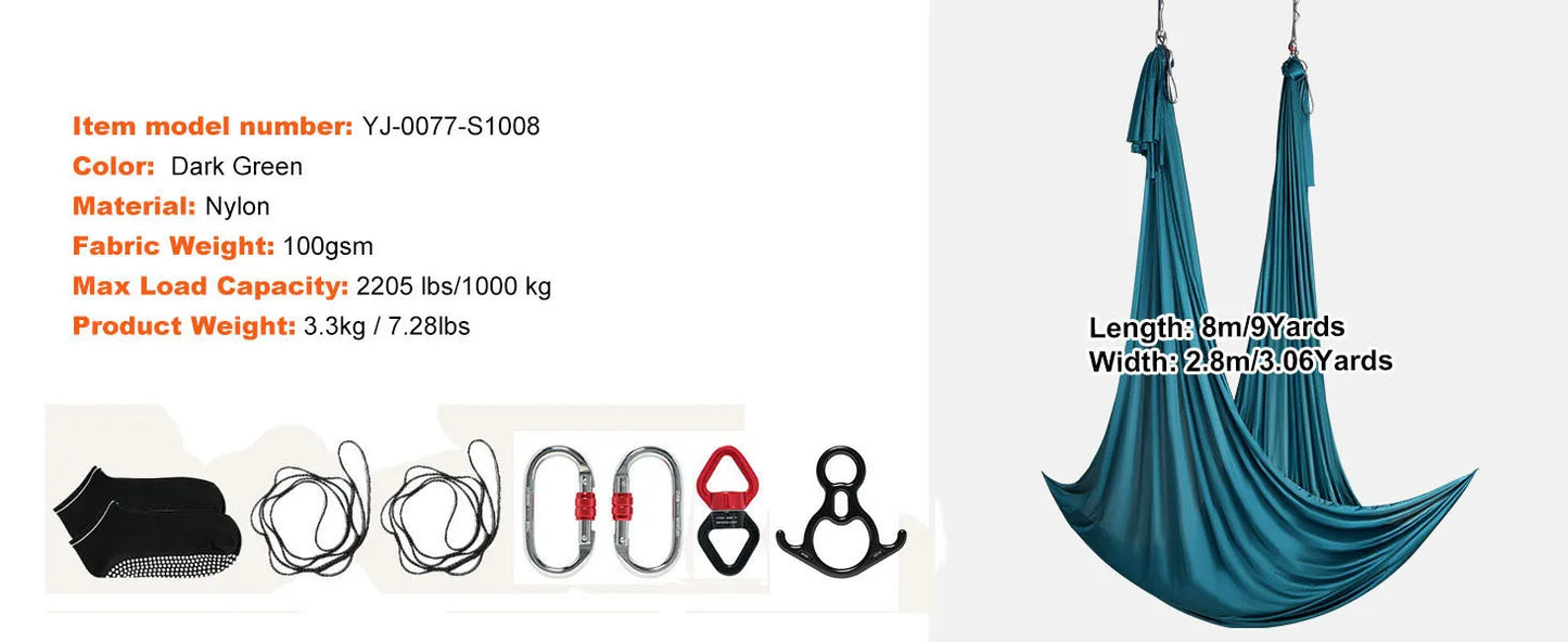 SucceBuy 8.7/11Yards Aerial Yoga Hammock & Swing Yoga Starter Kit Aerial Silk Fabric Yoga Strap Accessory for All Levels Fitness