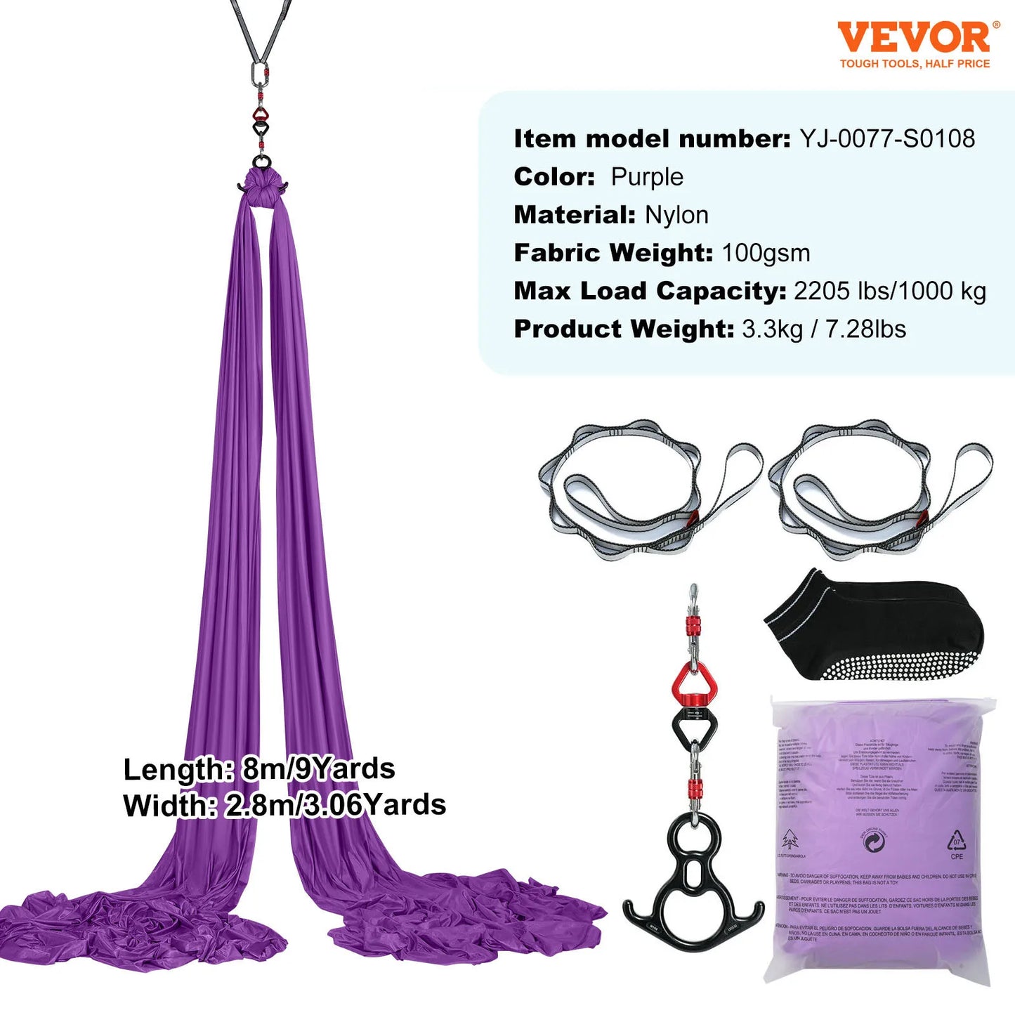 SucceBuy 8.7/11Yards Aerial Yoga Hammock & Swing Yoga Starter Kit Aerial Silk Fabric Yoga Strap Accessory for All Levels Fitness