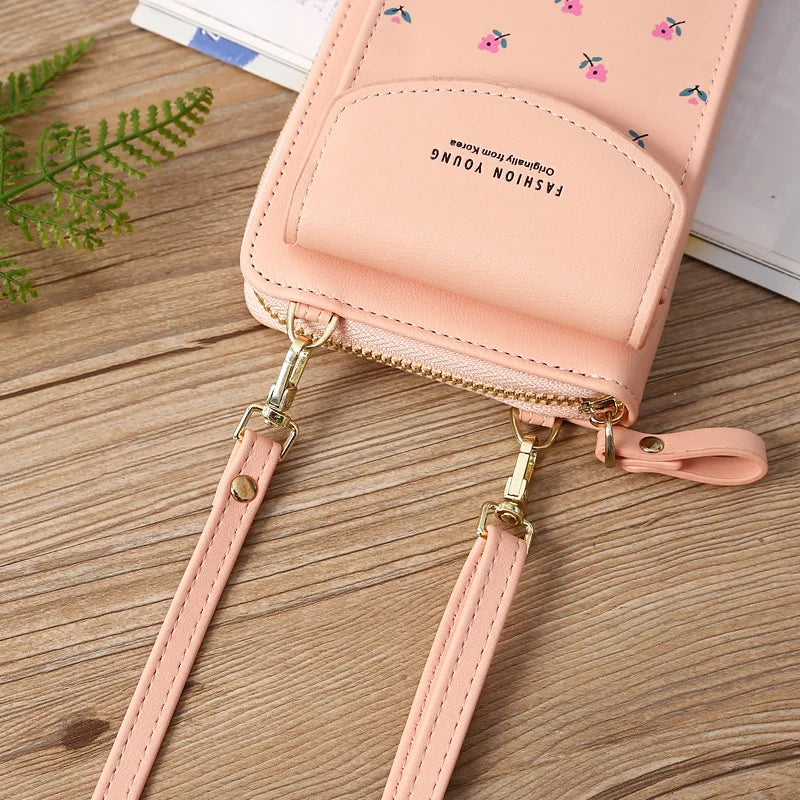 Women Wallet PU Leather Shoulder Bag Flower Print Shoulder Straps Mobile Phone Big Card Holders Wallet Handbag Pockets Girls