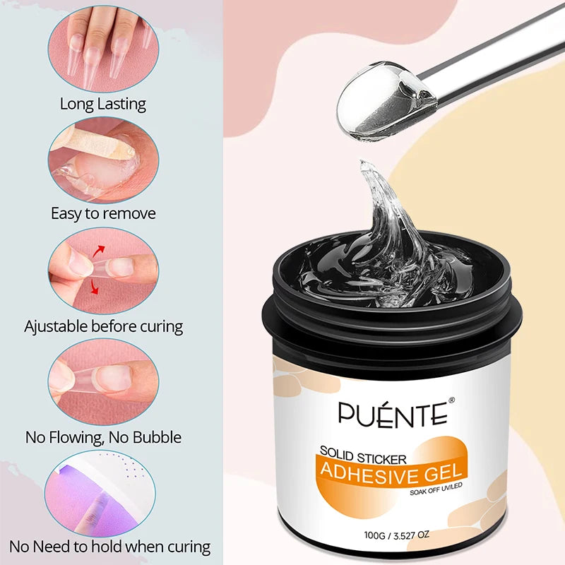 PUENTE 100g Solid Nail Glue Gel With Cuticle Pusher Non-Stick Hand Nail Tips Hard Gel Glue 3D Sculpture Soak Off UV Nail Art Gel