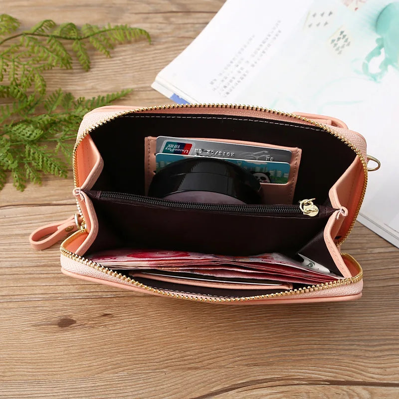 Women Wallet PU Leather Shoulder Bag Flower Print Shoulder Straps Mobile Phone Big Card Holders Wallet Handbag Pockets Girls