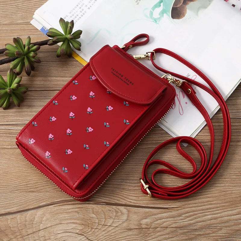 Women Wallet PU Leather Shoulder Bag Flower Print Shoulder Straps Mobile Phone Big Card Holders Wallet Handbag Pockets Girls