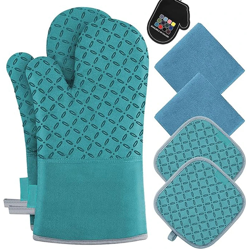 6pcs Set Oven Mitts And Pot Holders, Kitchen Oven Glove High Heat Resistant 500 Degree Extra Long Oven Mitts And Potholder With