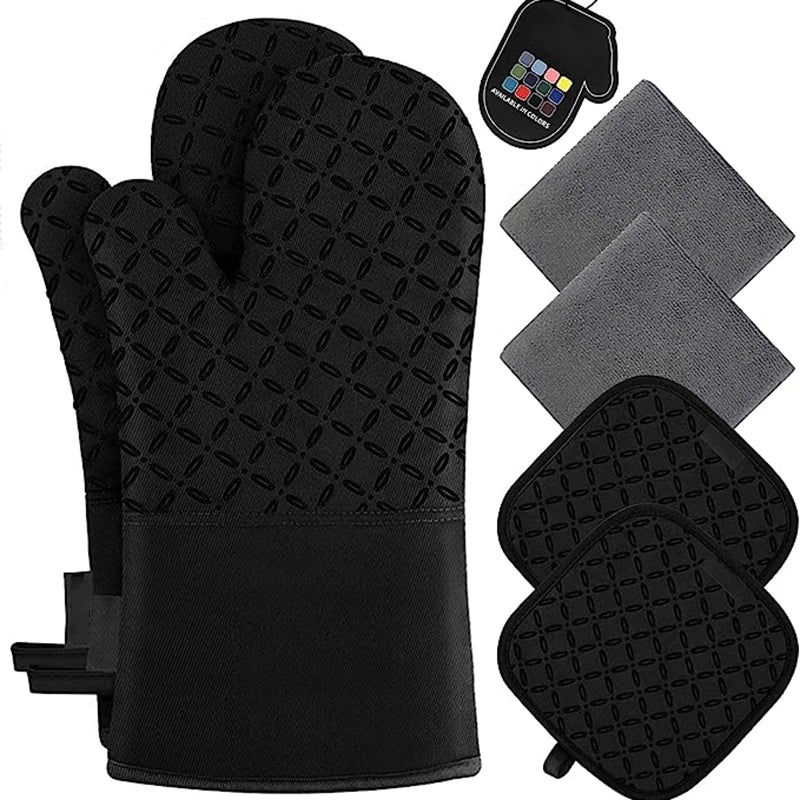 6pcs Set Oven Mitts And Pot Holders, Kitchen Oven Glove High Heat Resistant 500 Degree Extra Long Oven Mitts And Potholder With