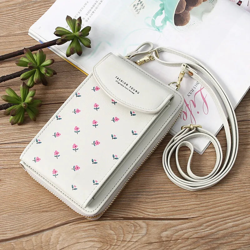 Women Wallet PU Leather Shoulder Bag Flower Print Shoulder Straps Mobile Phone Big Card Holders Wallet Handbag Pockets Girls