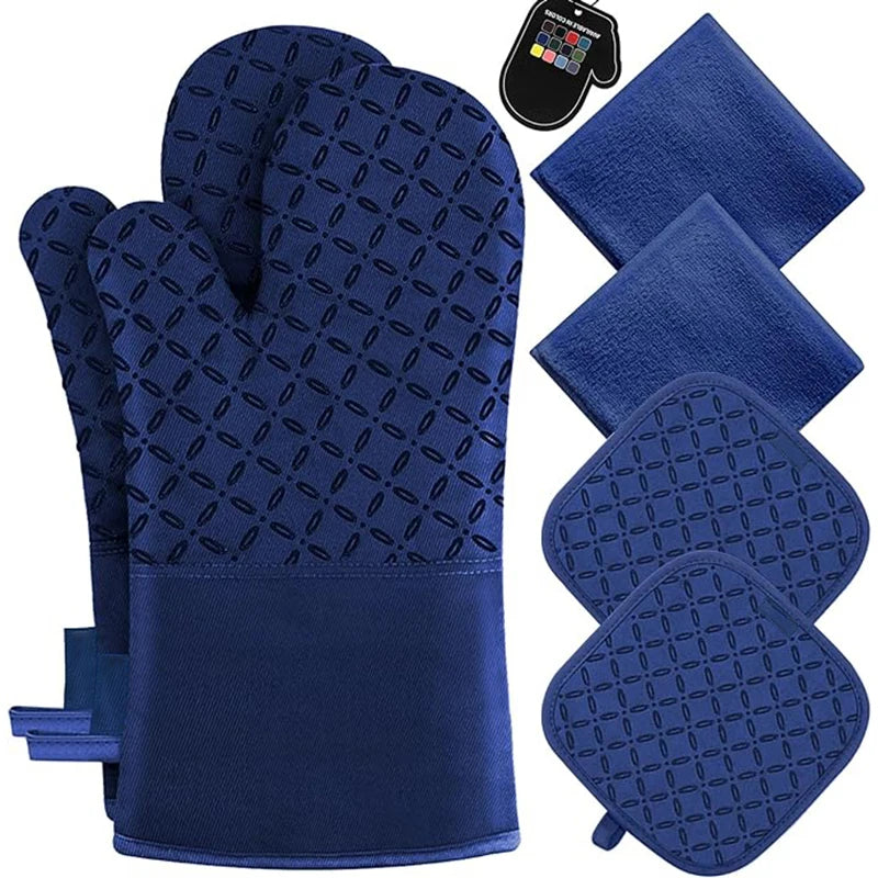 6pcs Set Oven Mitts And Pot Holders, Kitchen Oven Glove High Heat Resistant 500 Degree Extra Long Oven Mitts And Potholder With