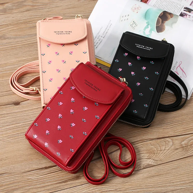 Women Wallet PU Leather Shoulder Bag Flower Print Shoulder Straps Mobile Phone Big Card Holders Wallet Handbag Pockets Girls