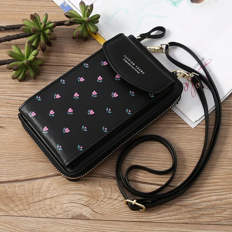 Women Wallet PU Leather Shoulder Bag Flower Print Shoulder Straps Mobile Phone Big Card Holders Wallet Handbag Pockets Girls