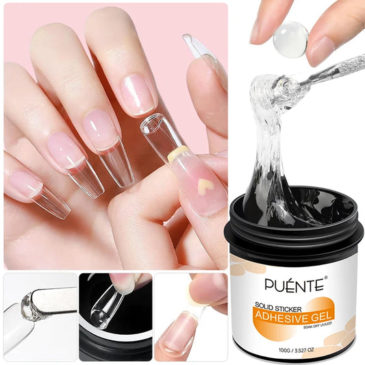 PUENTE 100g Solid Nail Glue Gel With Cuticle Pusher Non-Stick Hand Nail Tips Hard Gel Glue 3D Sculpture Soak Off UV Nail Art Gel