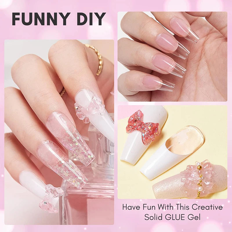 PUENTE 100g Solid Nail Glue Gel With Cuticle Pusher Non-Stick Hand Nail Tips Hard Gel Glue 3D Sculpture Soak Off UV Nail Art Gel