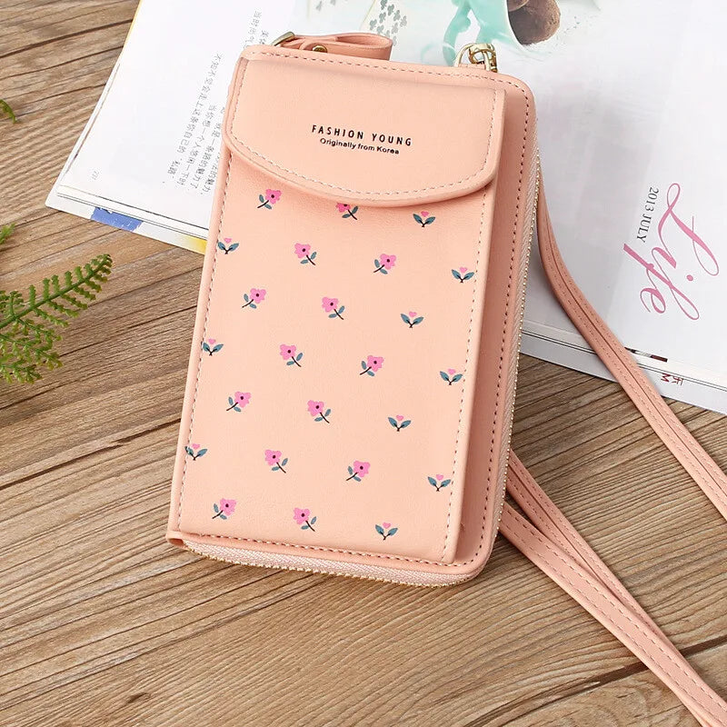 Women Wallet PU Leather Shoulder Bag Flower Print Shoulder Straps Mobile Phone Big Card Holders Wallet Handbag Pockets Girls