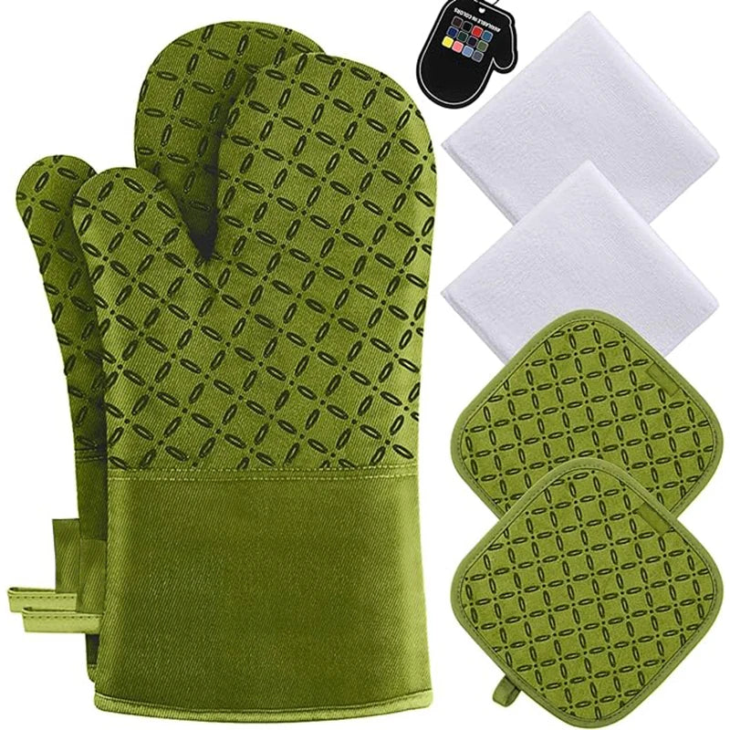 6pcs Set Oven Mitts And Pot Holders, Kitchen Oven Glove High Heat Resistant 500 Degree Extra Long Oven Mitts And Potholder With