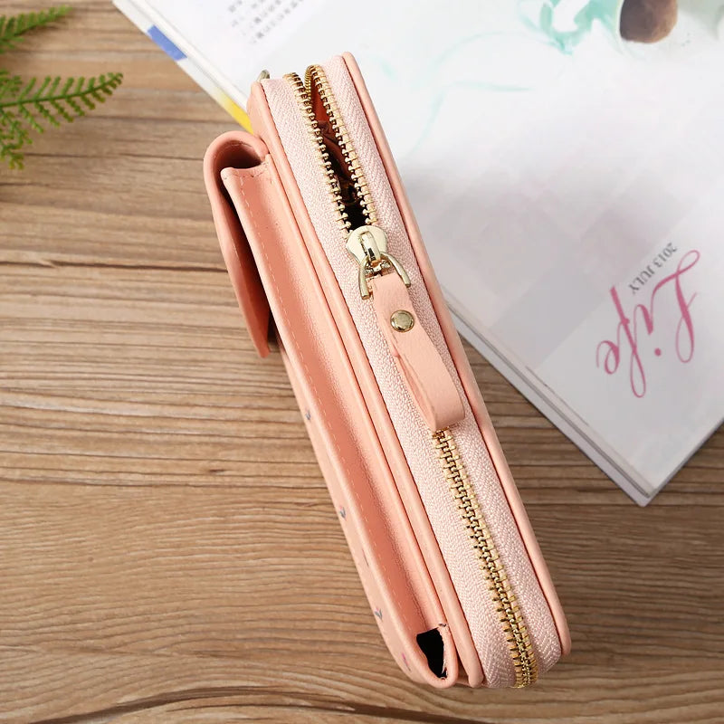 Women Wallet PU Leather Shoulder Bag Flower Print Shoulder Straps Mobile Phone Big Card Holders Wallet Handbag Pockets Girls