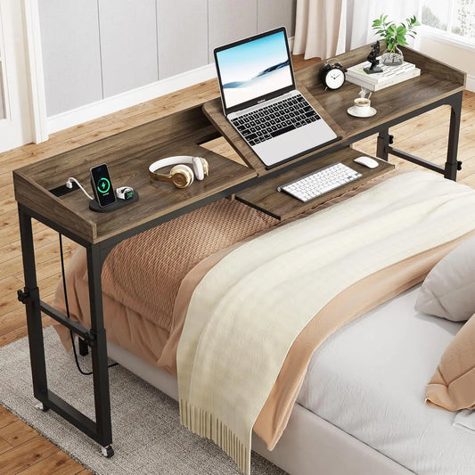 Height Adjustable Overbed Table with Wheels, Queen Size Over Bed Desk with Adjustable, Mobile Laptop Cart Computer Desk