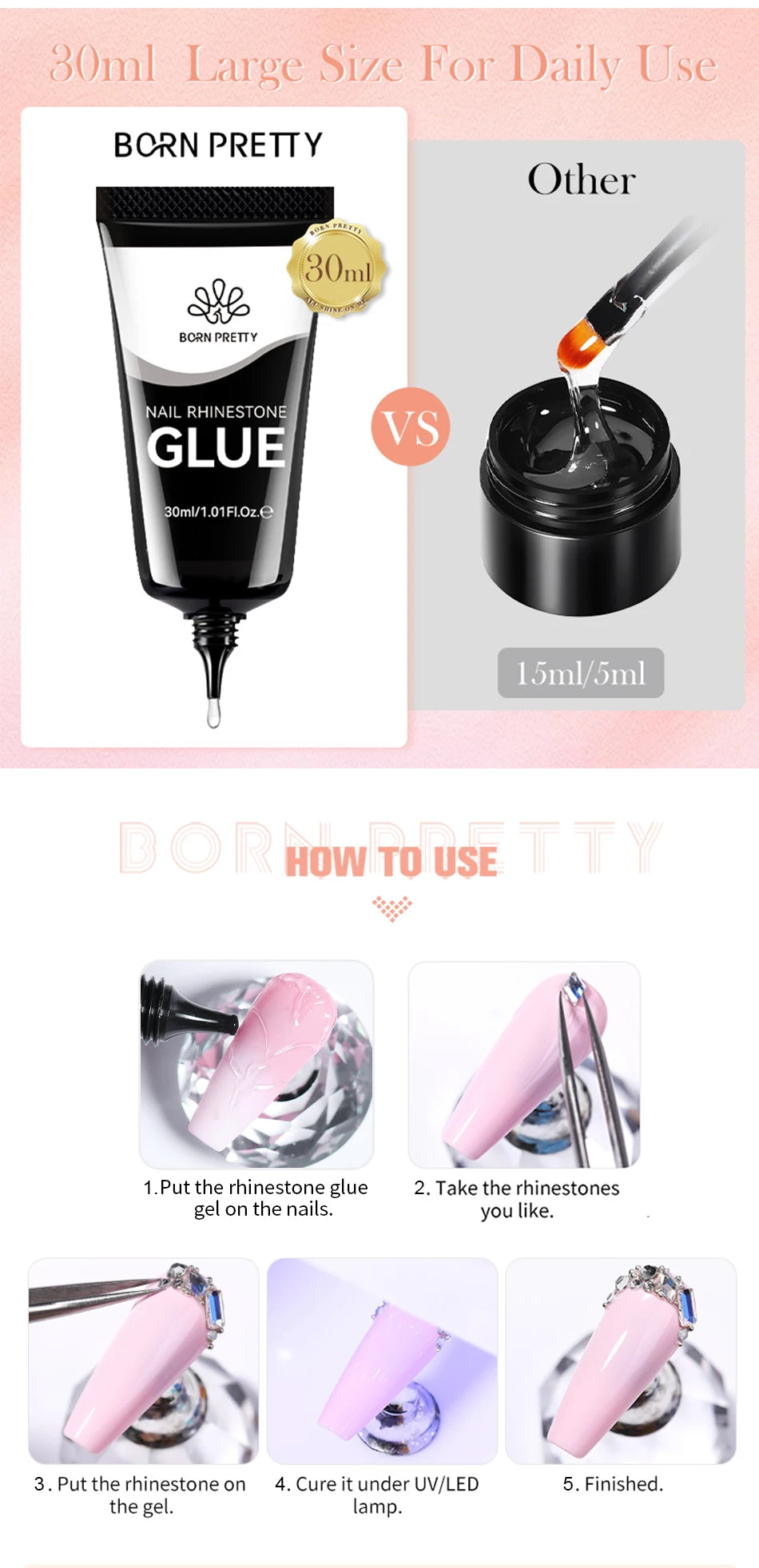 BORN PRETTY 2pcs Nail Rhinestone Glue Super Strong Gel Nail Glue for Nail Charm 3D Shaping sculpting Carving Decoration Nails