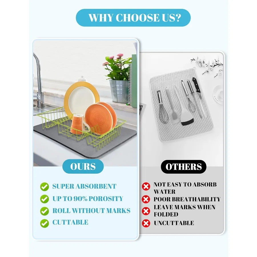 Dish Drying Mat for Kitchen Counter 12x19 Dish Drying Pad with Nonslip Rubber Backed Hide Stain Anti Absorbent for Kitchen Coun