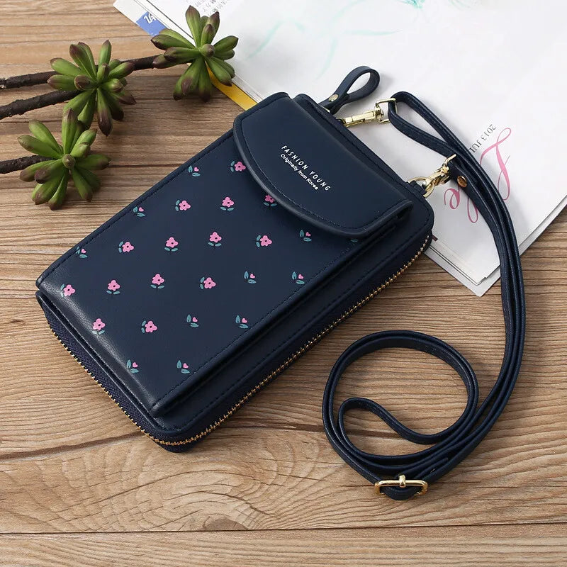Women Wallet PU Leather Shoulder Bag Flower Print Shoulder Straps Mobile Phone Big Card Holders Wallet Handbag Pockets Girls