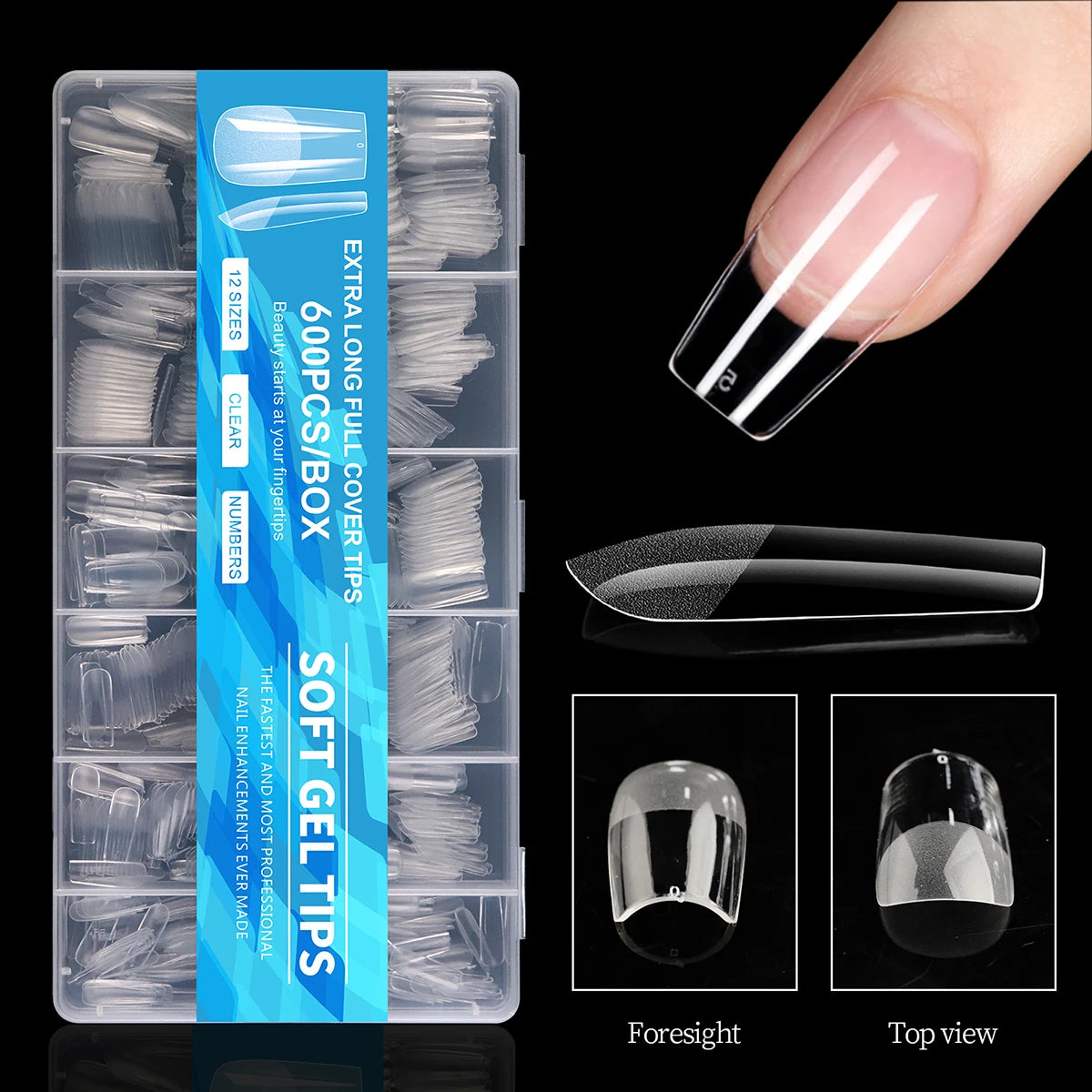 600Pcs Full Cover Half Frosted False Nail Tips Square French Fake Soak Off Gel Nail Extension Tips Press On Nails Nail Supplies