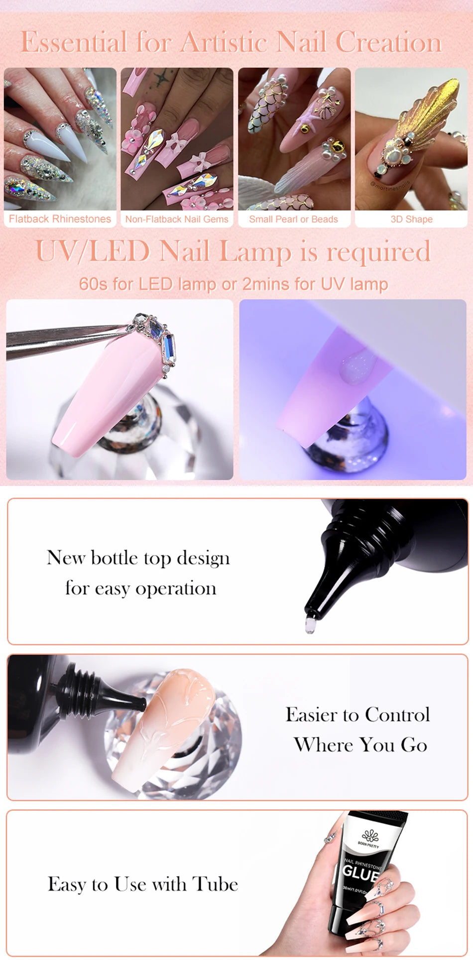 BORN PRETTY 2pcs Nail Rhinestone Glue Super Strong Gel Nail Glue for Nail Charm 3D Shaping sculpting Carving Decoration Nails