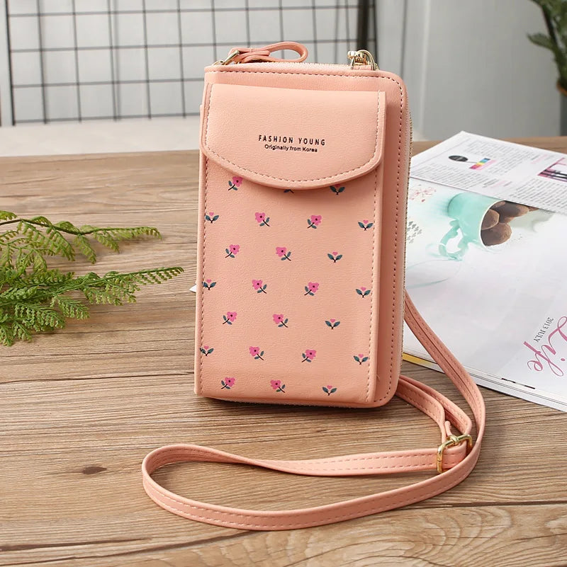 Women Wallet PU Leather Shoulder Bag Flower Print Shoulder Straps Mobile Phone Big Card Holders Wallet Handbag Pockets Girls