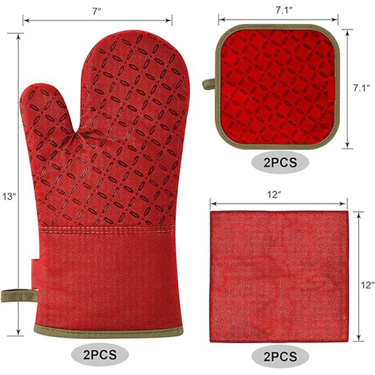 6pcs Set Oven Mitts And Pot Holders, Kitchen Oven Glove High Heat Resistant 500 Degree Extra Long Oven Mitts And Potholder With