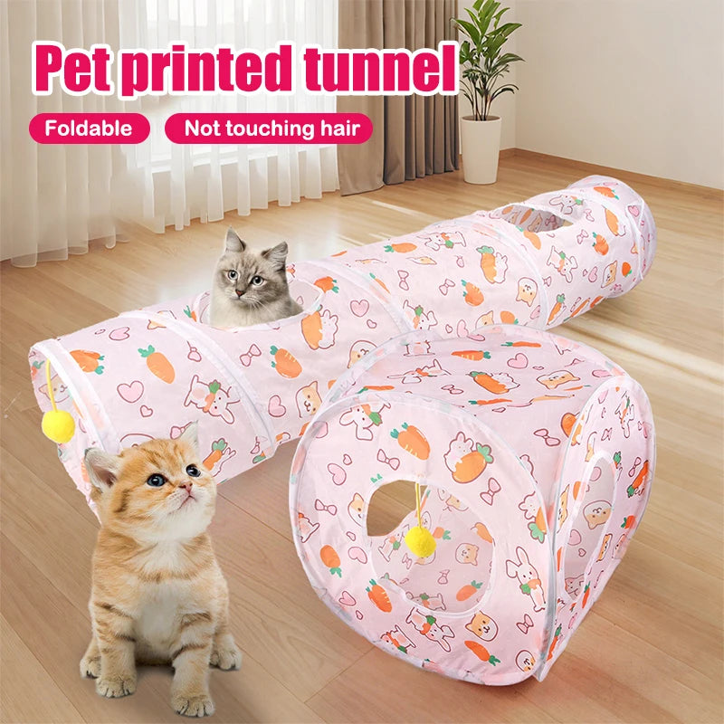 Cute Print Foldable Cat Tunnel Toys Small Pet Cat Training Interactive Fun Toys Indoor Small Animal Tunnel Toys Pet Supplies