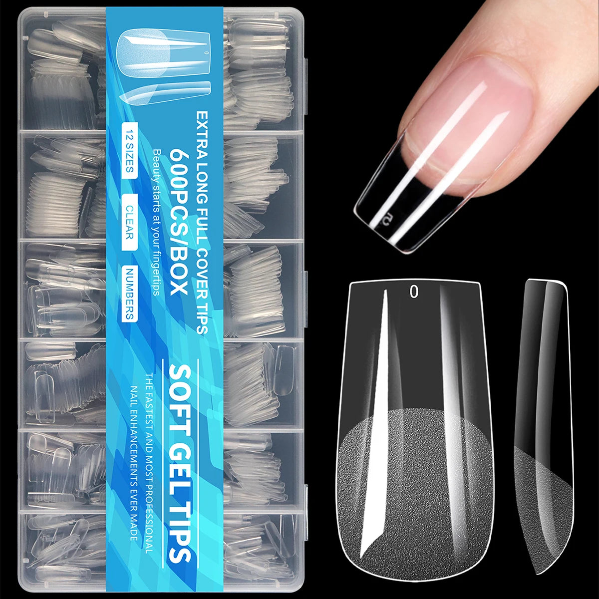 600Pcs Full Cover Half Frosted False Nail Tips Square French Fake Soak Off Gel Nail Extension Tips Press On Nails Nail Supplies