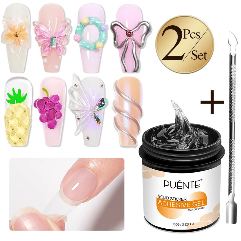 PUENTE 100g Solid Nail Glue Gel With Cuticle Pusher Non-Stick Hand Nail Tips Hard Gel Glue 3D Sculpture Soak Off UV Nail Art Gel