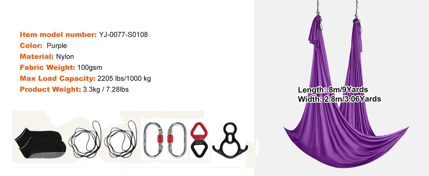 SucceBuy 8.7/11Yards Aerial Yoga Hammock & Swing Yoga Starter Kit Aerial Silk Fabric Yoga Strap Accessory for All Levels Fitness