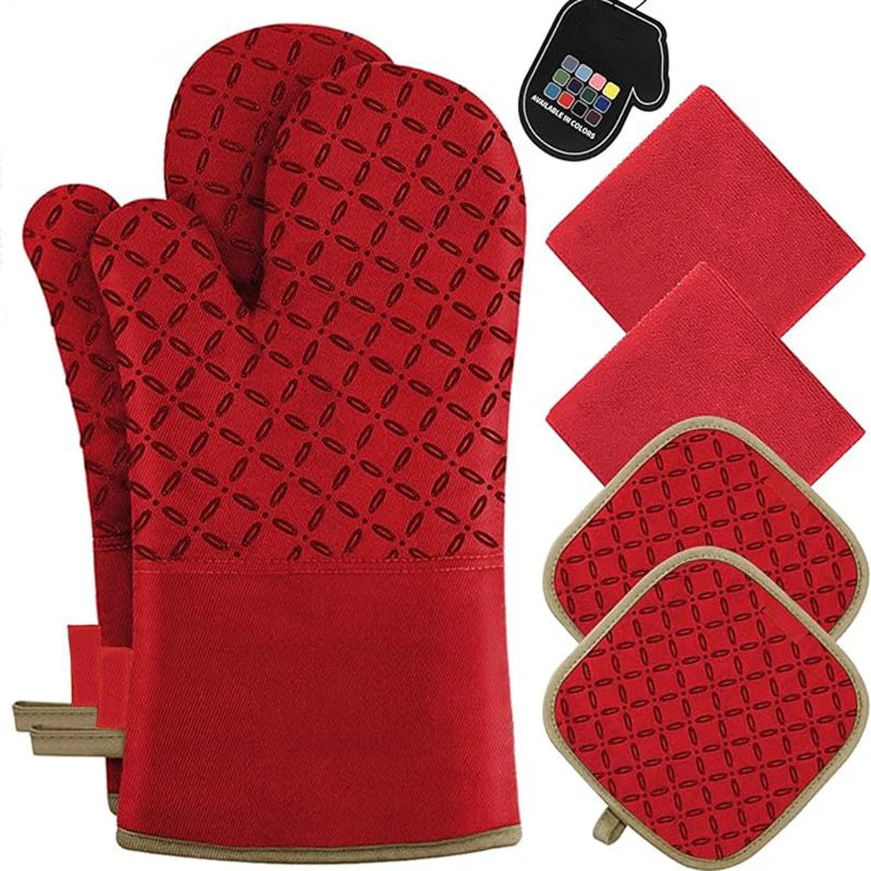 6pcs Set Oven Mitts And Pot Holders, Kitchen Oven Glove High Heat Resistant 500 Degree Extra Long Oven Mitts And Potholder With