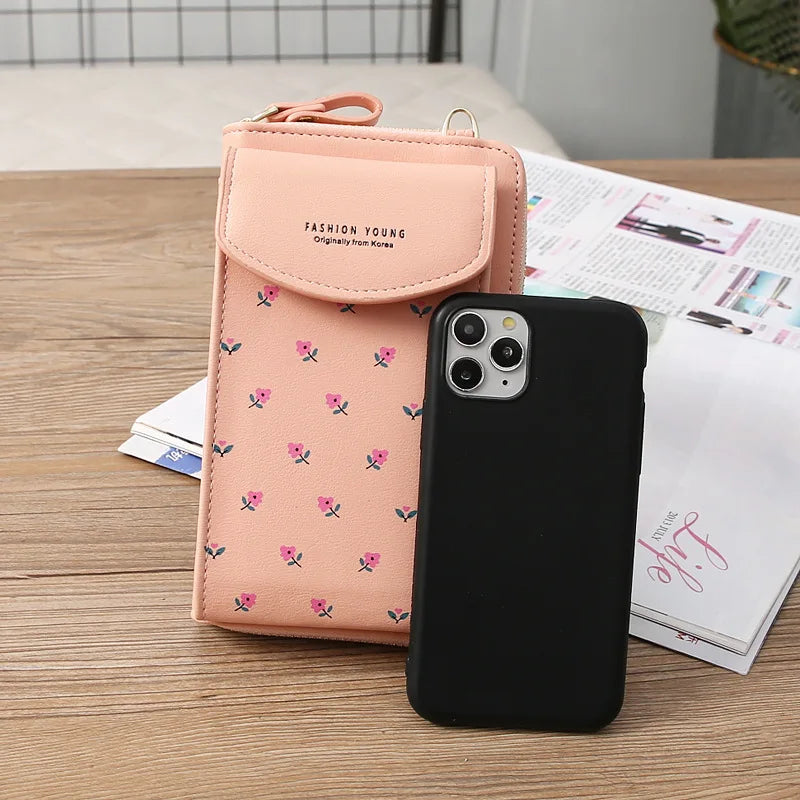 Women Wallet PU Leather Shoulder Bag Flower Print Shoulder Straps Mobile Phone Big Card Holders Wallet Handbag Pockets Girls