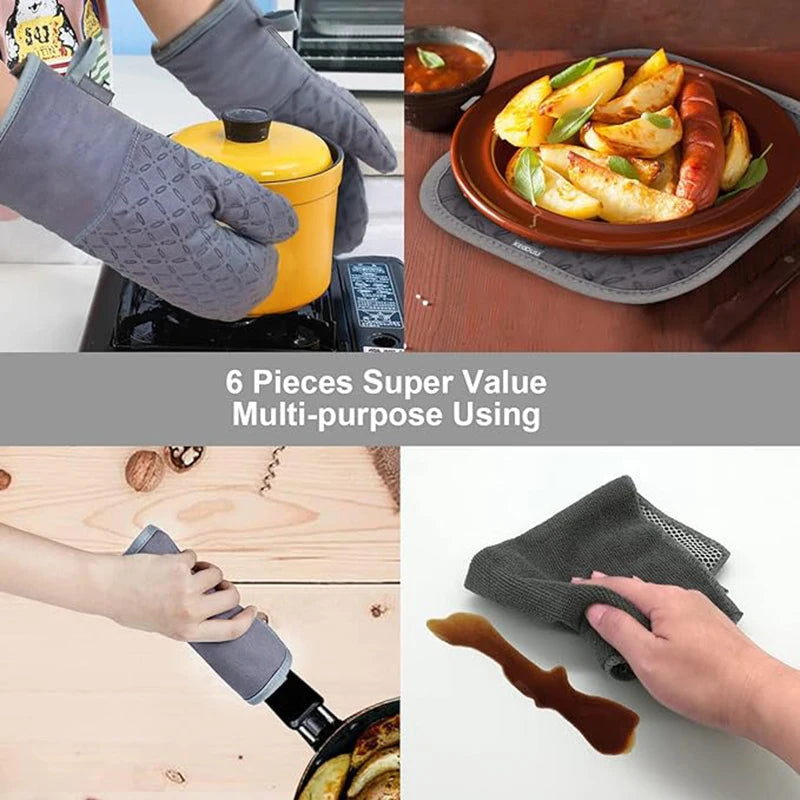 6pcs Set Oven Mitts And Pot Holders, Kitchen Oven Glove High Heat Resistant 500 Degree Extra Long Oven Mitts And Potholder With