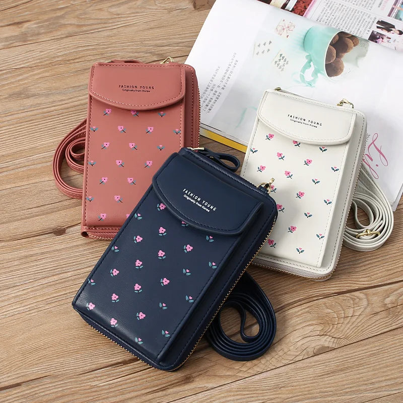 Women Wallet PU Leather Shoulder Bag Flower Print Shoulder Straps Mobile Phone Big Card Holders Wallet Handbag Pockets Girls